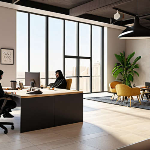 Home 11 **Image of a modern, collaborative workspace in Riyadh, Saudi Arabia. Focus on diverse individuals working together, showcasing the concept of a successful co-working space ("مساحة الإبداع"). Include elements of Saudi Arabian culture and modern office design.**