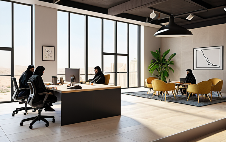 **Image of a modern, collaborative workspace in Riyadh, Saudi Arabia. Focus on diverse individuals working together, showcasing the concept of a successful co-working space ("مساحة الإبداع"). Include elements of Saudi Arabian culture and modern office design.**