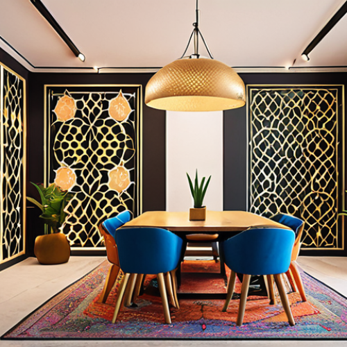 Home 6 ** A vibrant coworking space with diverse professionals collaborating. Show a mix of traditional Arabic design elements (patterns, lighting) blended with modern office aesthetics. Emphasize a sense of community and creativity. Keywords: modern, traditional, collabrative, professional, community.
**