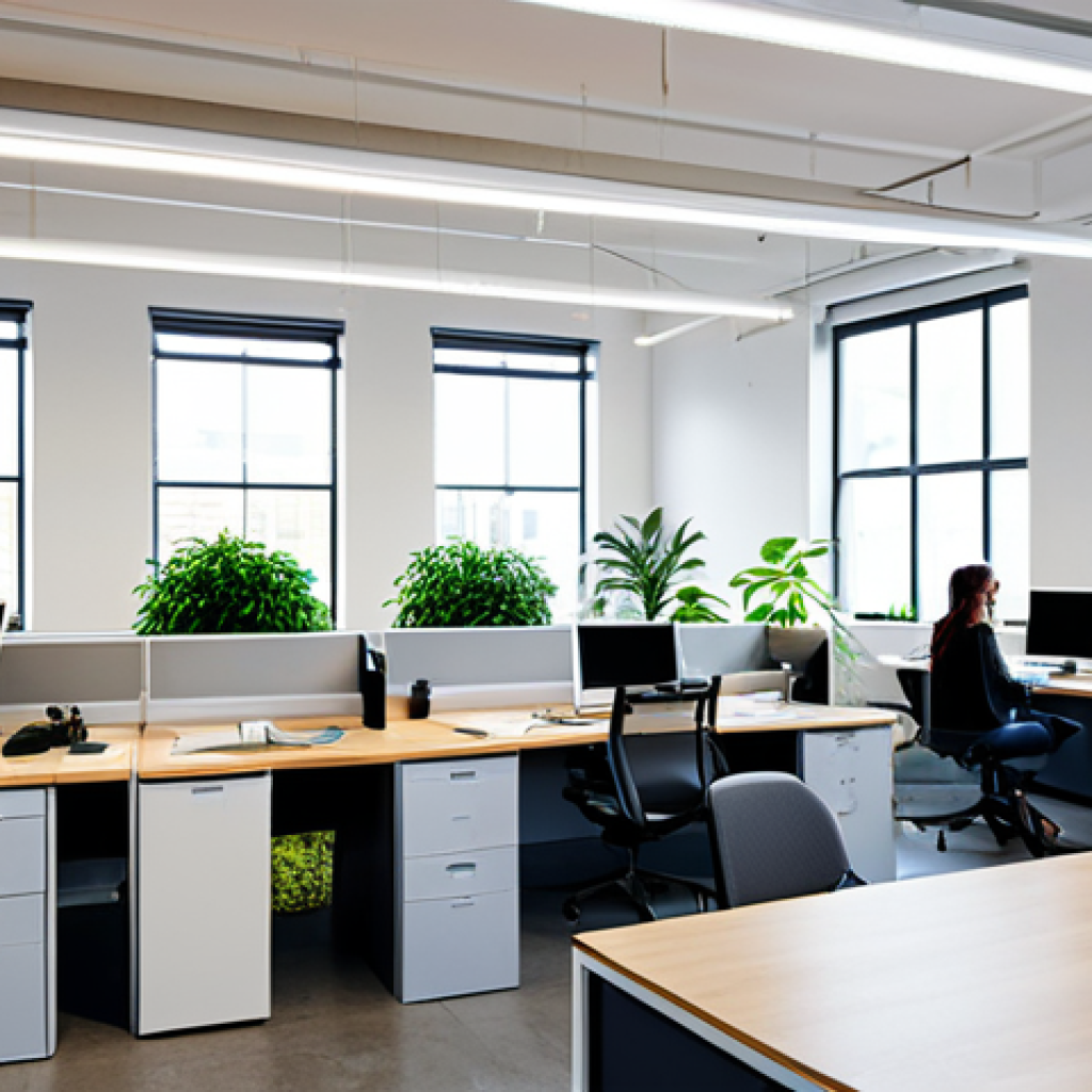 **

"A modern, well-lit co-working space with diverse professionals working at desks, fully clothed in modest business attire, safe for work, appropriate content. Recycling bins visible, plants adding to air quality. Focus on maintaining a quiet and focused atmosphere. Perfect anatomy, correct proportions, natural pose, professional."

**