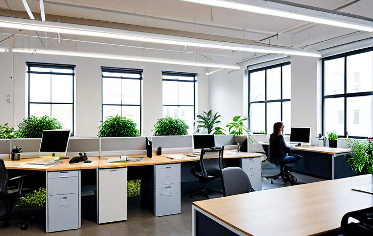 **

"A modern, well-lit co-working space with diverse professionals working at desks, fully clothed in modest business attire, safe for work, appropriate content. Recycling bins visible, plants adding to air quality. Focus on maintaining a quiet and focused atmosphere. Perfect anatomy, correct proportions, natural pose, professional."

**