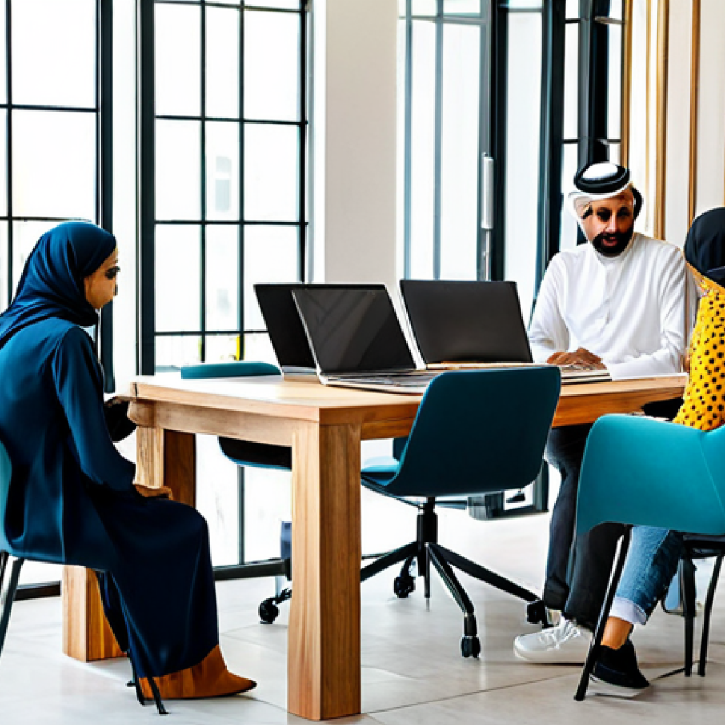 Modern Co-working Space**

"A bright and airy co-working space in Dubai, UAE. Modern Arabic design elements, individuals working on laptops, having casual meetings, fully clothed in modest professional attire, safe for work, family-friendly, appropriate content, perfect anatomy, natural pose, high resolution, professional photography."

**