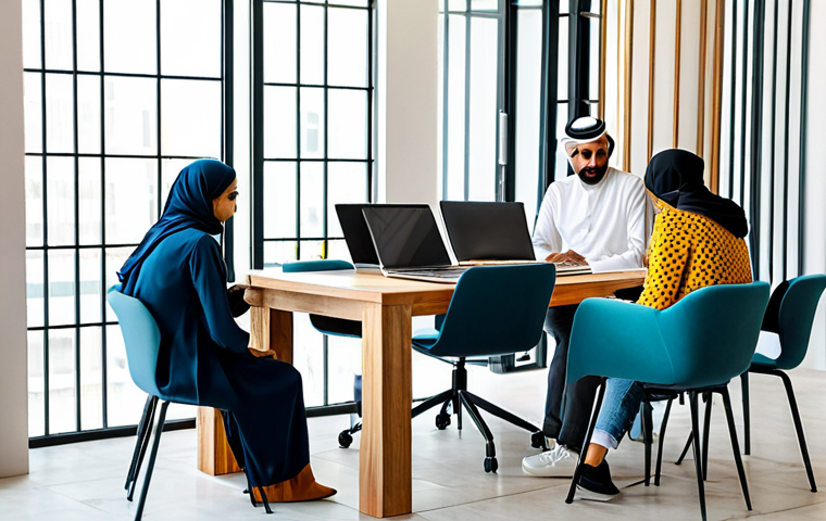 Modern Co-working Space**

"A bright and airy co-working space in Dubai, UAE. Modern Arabic design elements, individuals working on laptops, having casual meetings, fully clothed in modest professional attire, safe for work, family-friendly, appropriate content, perfect anatomy, natural pose, high resolution, professional photography."

**