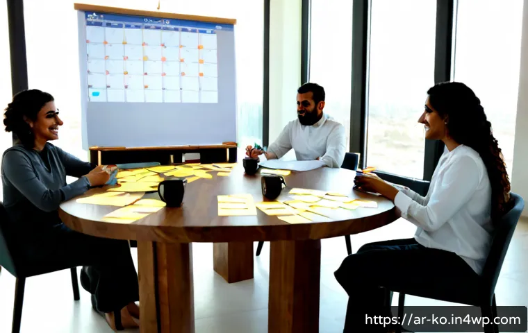 코워킹 커뮤니티의 주간 이벤트 기획 - Photorealistic coworking community planning meeting in a modern Gulf Arab shared workspace, diverse ...
