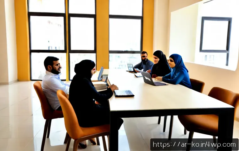 코워킹 스페이스의 협력 네트워크 구축 방법 - Photorealistic modern coworking space in a Middle Eastern city, diverse Arab entrepreneurs and freel...